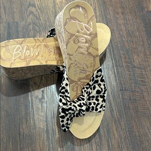 Blowfish Leopard Bow Wedge Sandals in Cream and Black